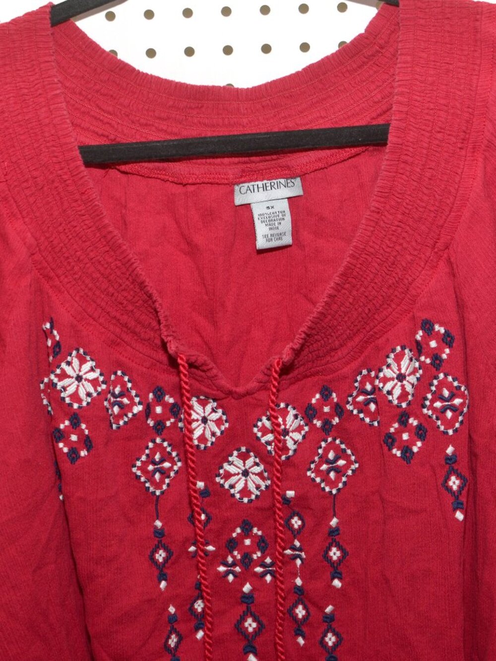 Plus Size 5X Catherines Cotton Red Peasant Style Blouse - Embroidery & Tassels - Picture 3 of 8